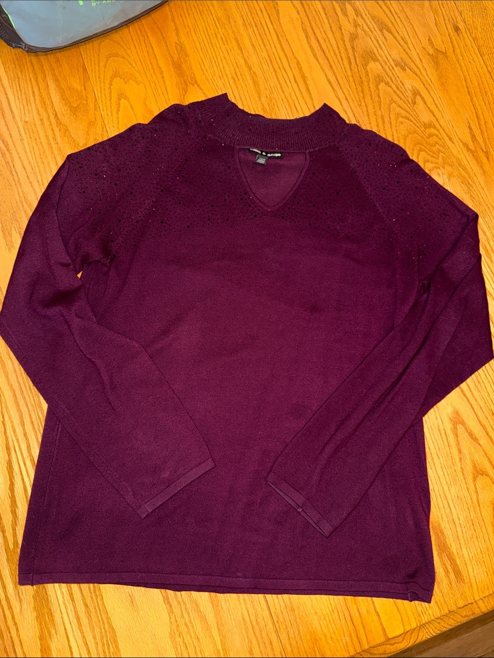 Cable & Gauge Women's V-Neck Sweater in Deep Plum with Sparkle Shoulders